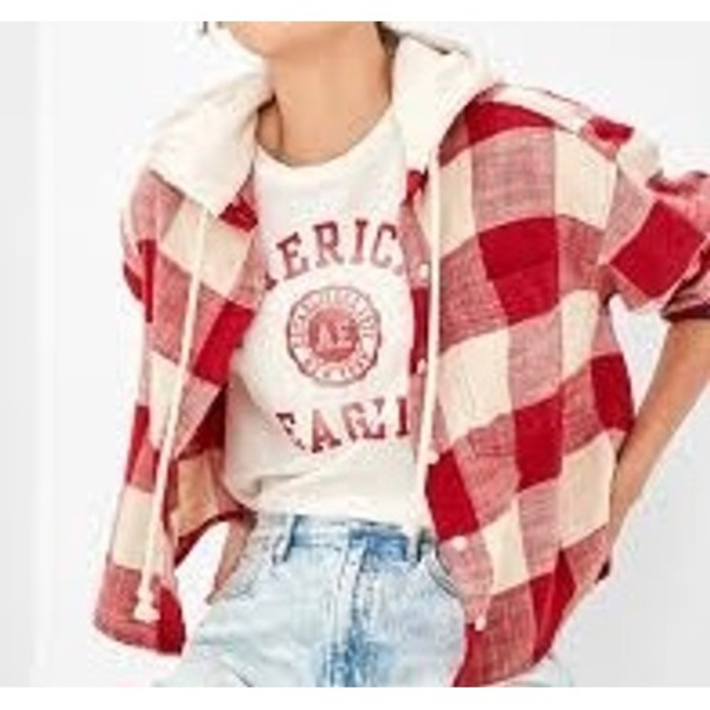 American Eagle Red Buffalo Plaid Hooded Flannel Shirt Womens Medium Shacket 0024